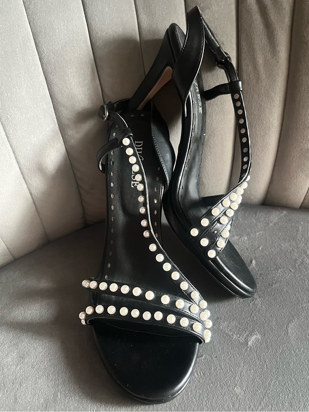 Pearl-Accent Black Slingback Heels